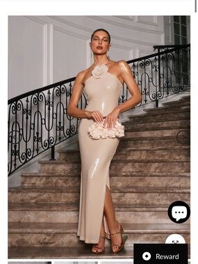 Mew mews Tasso Halterneck Flower Sequin Maxi Dress In Beige🌸